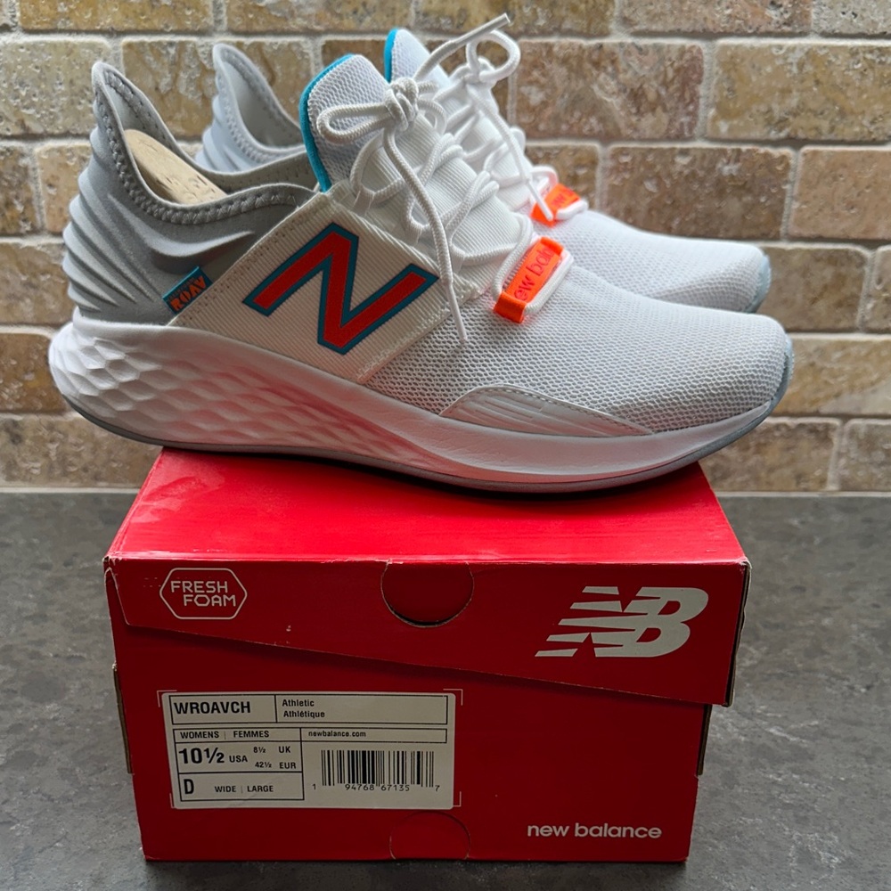 New Balance ROAV White and Gray Sneakers with Coral/ Orange/ Teal